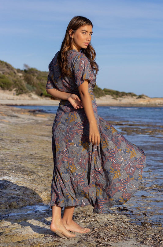 Merkloos Ibizaflower Zijde Omslagjurk Lang - Navy Blauw