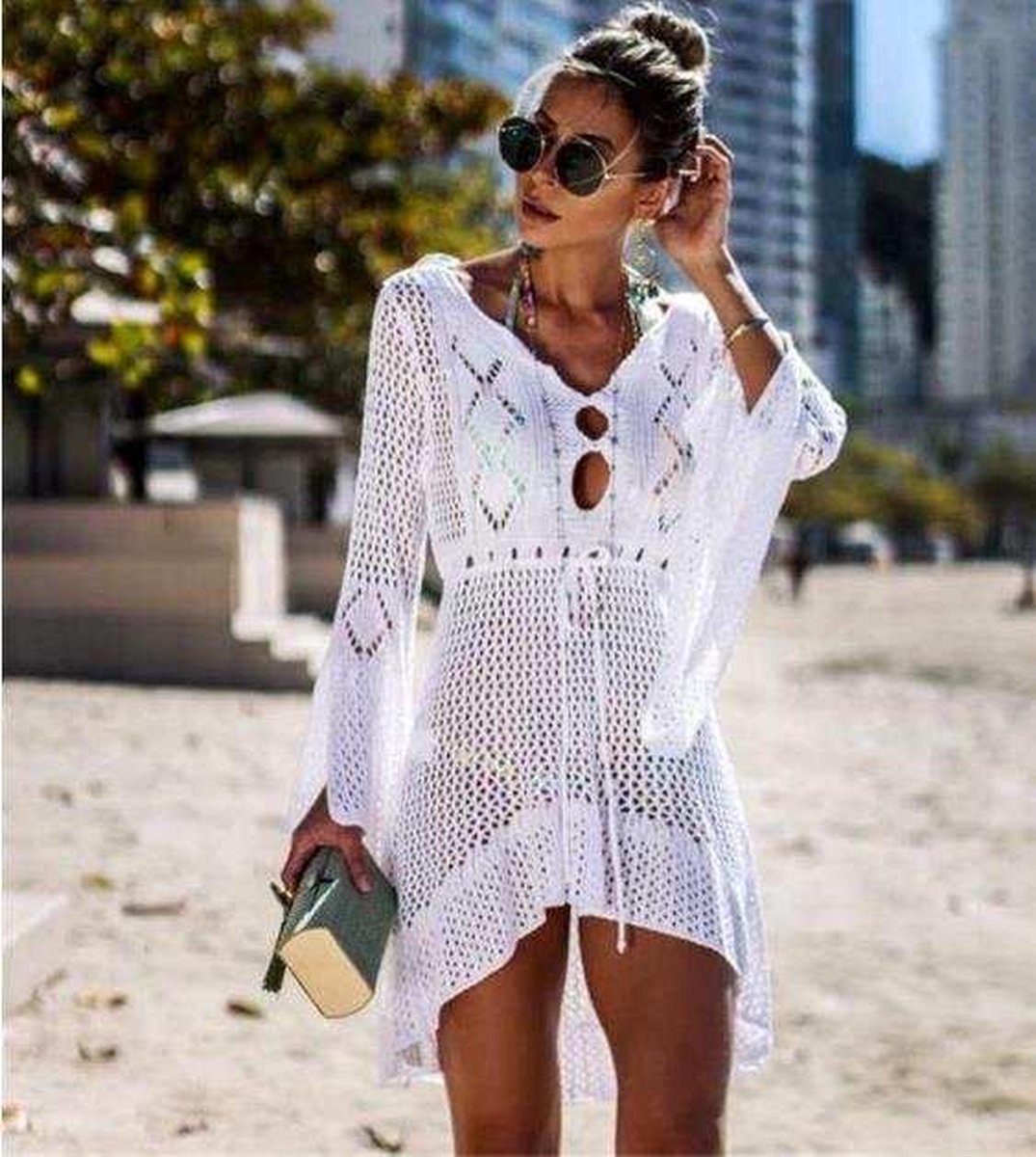 Merkloos Super Sale! - Strandjurkje - Bikini Cover Up - Gehaakt Jurkje - Beach Dress - Medium - Lengte 90cm - Mouwlengte 65cm