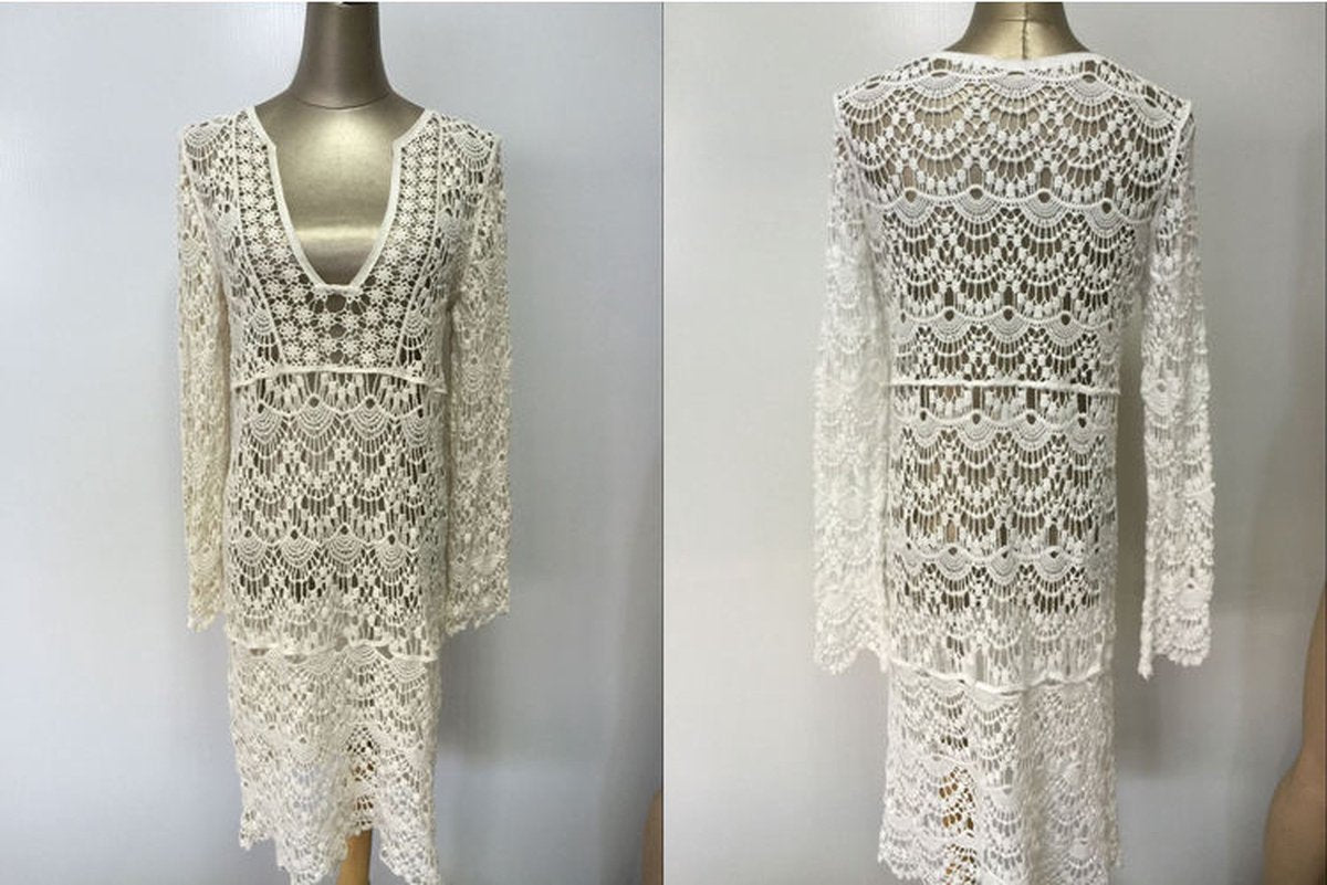 Merkloos Gehaakt Strand Jurkje - Bikini Cover Up - Gypsy - Beach - Boho - Sexy Strand Jurkje - Wit - One Size - Zomer Trui - Lounge - Ibiza