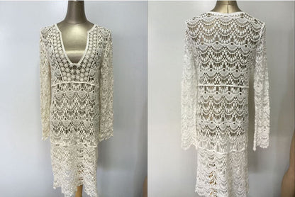 Merkloos Gehaakt Strand Jurkje - Bikini Cover Up - Gypsy - Beach - Boho - Sexy Strand Jurkje - Wit - One Size - Zomer Trui - Lounge - Ibiza