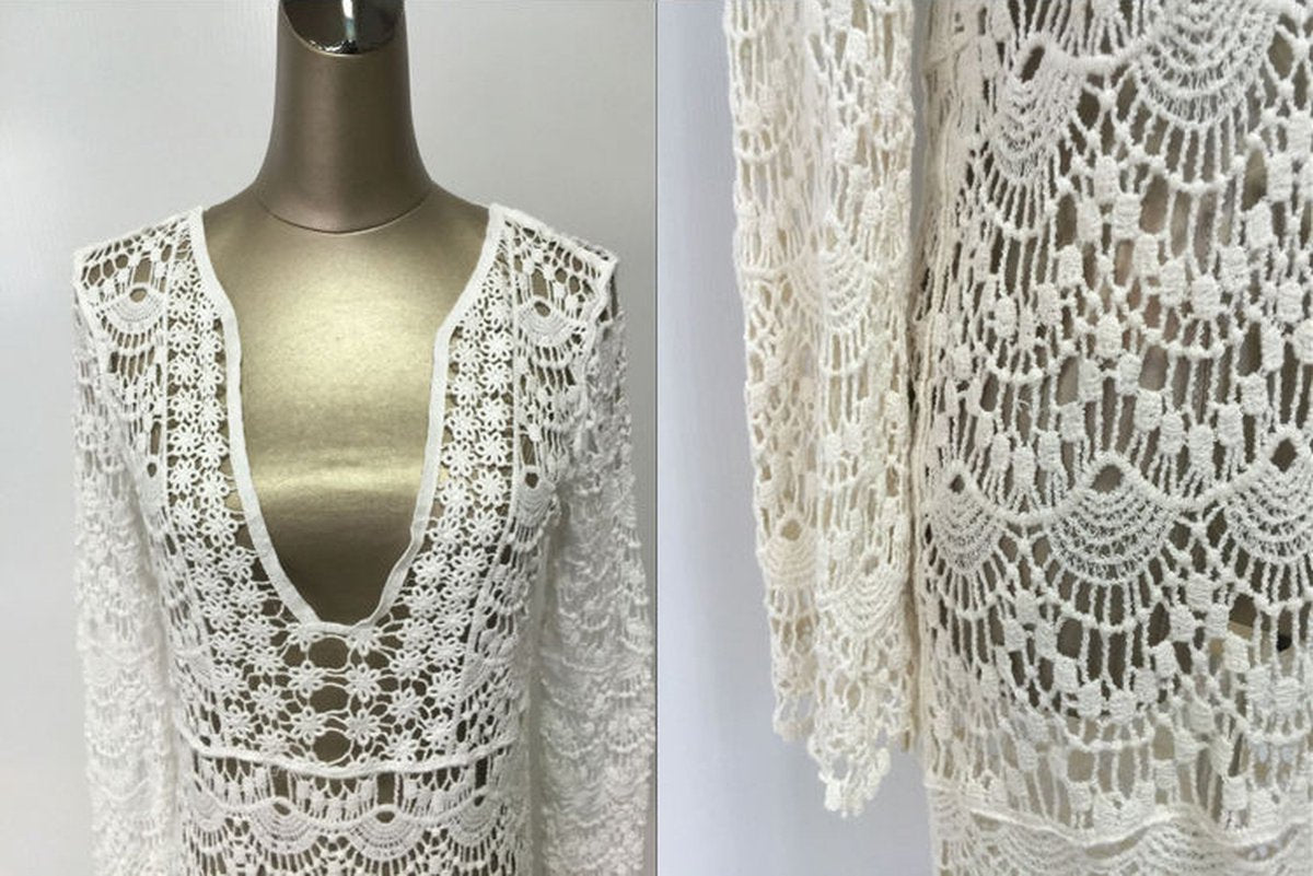 Merkloos Gehaakt Strand Jurkje - Bikini Cover Up - Gypsy - Beach - Boho - Sexy Strand Jurkje - Wit - One Size - Zomer Trui - Lounge - Ibiza