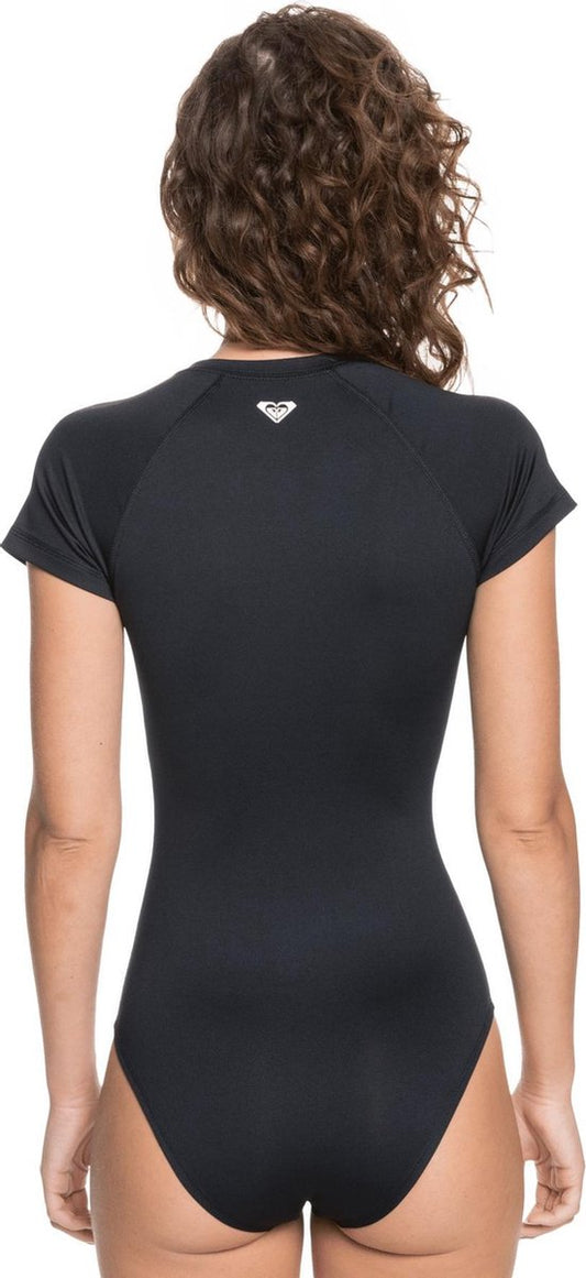 Roxy - UV Badpak Voor Dames - Essentials Met Korte Rits - Korte Mouw - True Black - Maat S (36)
