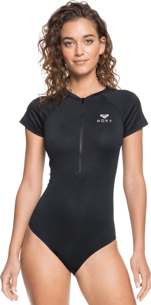  Roxy - UV Badpak Voor Dames - Essentials Met Korte Rits - Korte Mouw - True Black - Maat S (36)