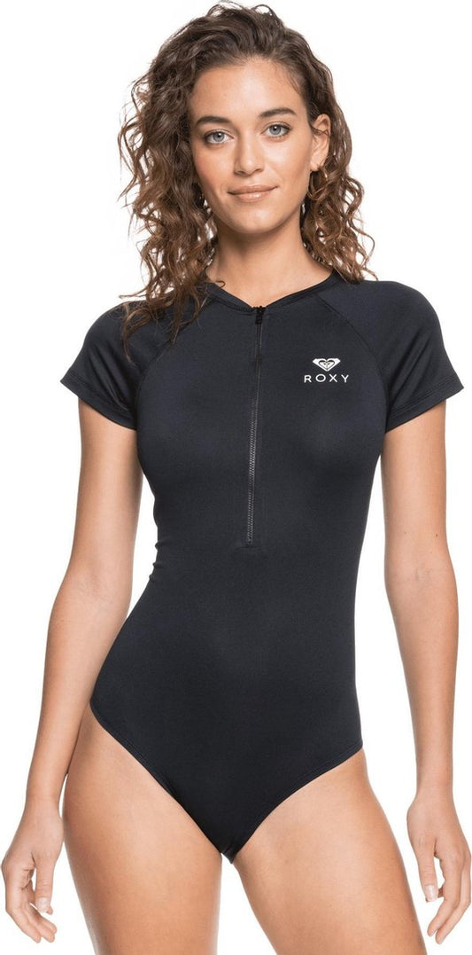  Roxy - UV Badpak Voor Dames - Essentials Met Korte Rits - Korte Mouw - True Black - Maat S (36)