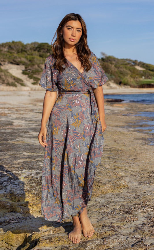 Merkloos Ibizaflower Zijde Omslagjurk Lang - Navy Blauw