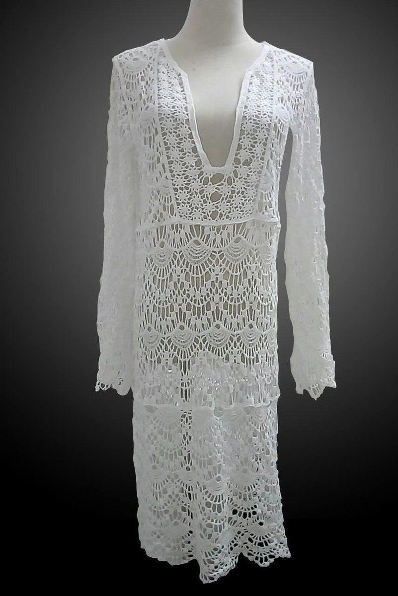 Merkloos Gehaakt Strand Jurkje - Bikini Cover Up - Gypsy - Beach - Boho - Sexy Strand Jurkje - Wit - One Size - Zomer Trui - Lounge - Ibiza