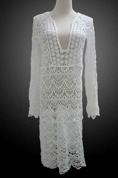 Merkloos Gehaakt Strand Jurkje - Bikini Cover Up - Gypsy - Beach - Boho - Sexy Strand Jurkje - Wit - One Size - Zomer Trui - Lounge - Ibiza