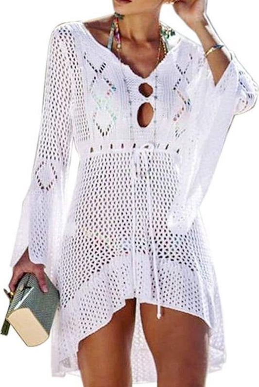 Merkloos Super Sale! - Strandjurkje - Bikini Cover Up - Gehaakt Jurkje - Beach Dress - Medium - Lengte 90cm - Mouwlengte 65cm