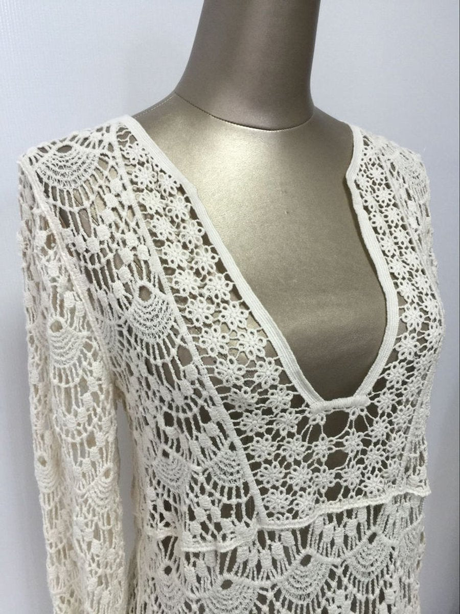 Merkloos Gehaakt Strand Jurkje - Bikini Cover Up - Gypsy - Beach - Boho - Sexy Strand Jurkje - Wit - One Size - Zomer Trui - Lounge - Ibiza