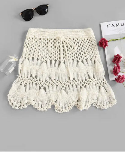 Merkloos Gehaakt Strand Rokje - Bikini Cover Up - Gypsy - Beach - Boho - Sexy Rokje - Wit - One Size - Zomer - Lounge - Ibiza